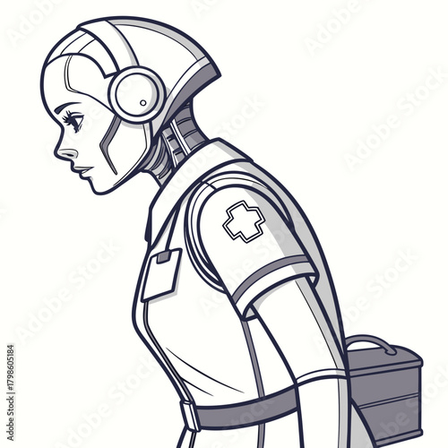 Futuristic robot nurse with medical kit ready to provide compassionate care, sci-fi health support, robotic healthcare professional offering cutting-edge service