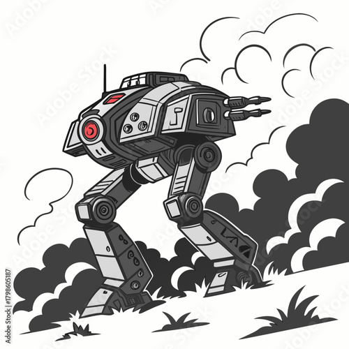Futuristic battle robot marching through smoke, ready for action, a powerful war machine illustration, sci-fi concept art with vintage style