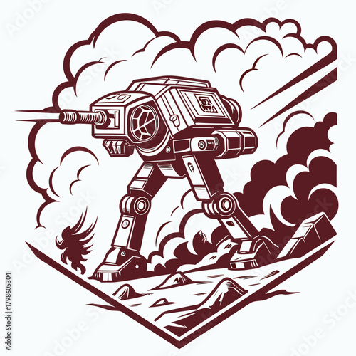 Powerful robotic walker advances through smoky battleground, a symbol of futuristic warfare and strategic dominance in a world transformed by technology