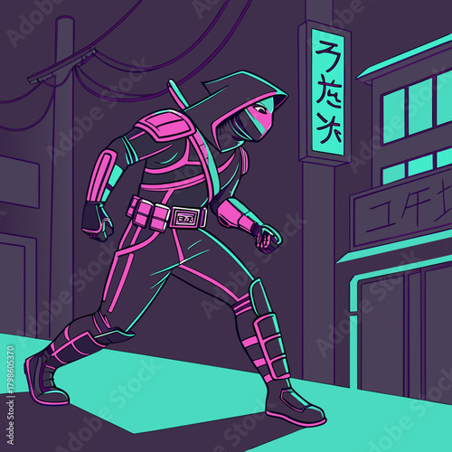 Stealthy ninja prowling through cyberpunk city streets, neon accents illuminate the night, dynamic pose conveys action and mystery, intense focus, vector art