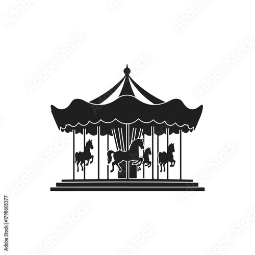 Classic Carousel Horse Ride Silhouette on Amusement Park Merry Go Round Attraction with Elegant Canopy Design