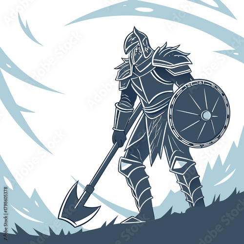Powerful warrior in full armor ready for battle, wielding axe and shield, a symbol of courage and strength, great for fantasy games and medieval themes