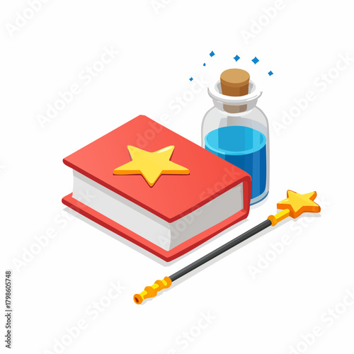 Vector Fantasy Magic Item Icons Set Including Magic Books, Magic Wands, Spell Scrolls, Enchanted Crystals, Potions, Arcane Symbols, Wizard Tools, Mystical Equipment for RPG and Fantasy Game UI Resourc