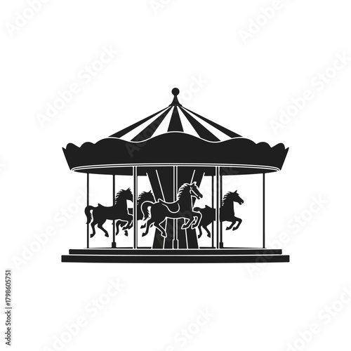 Classic Carousel Merry Go Round With Horses Vector Silhouette Illustration Amusement Park Ride, Black And White