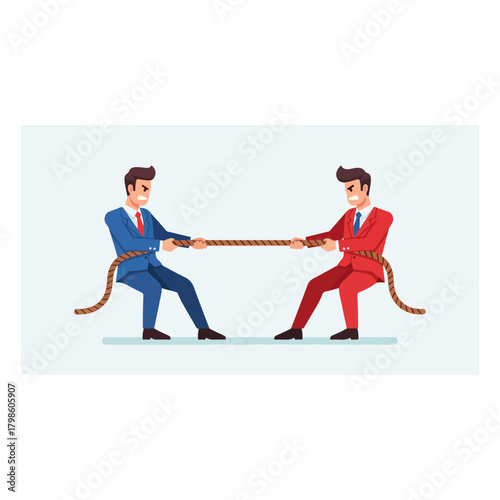 Two businessmen in suits playing tug of war with a rope in a fierce competition symbolizing business conflict and rivalry