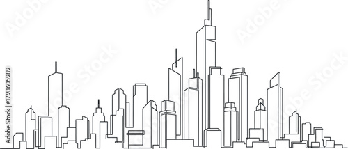 Vector Illustration of Modern City Skyline Silhouette in Continuous Line Art Style for Urban Design