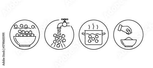 Cooking instructions for chickpeas. Preparation of beans or peas. A black silhouette icon designed for packaging. Soak, rinse, boil, and add salt. An isolated vector pictogram on a white background.