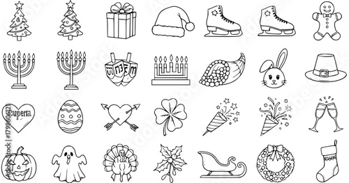 Festive Holiday Icons in Black and White: Christmas, Hanukkah, Easter  More