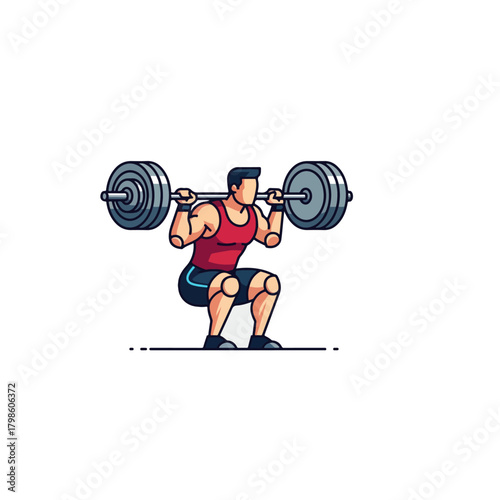 Fitness Man Squatting With Barbell On Shoulders Performing Weightlifting Exercise In Gym Graphic Illustration