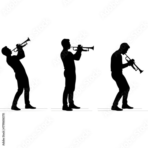Silhouette of a musician playing the trumpet in three dynamic poses showing movement and musical expression
