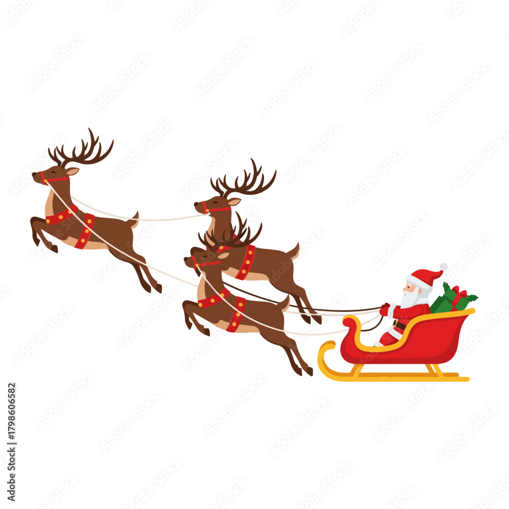 Fototapeta premium Santa Claus Riding in a Sleigh Pulled by Reindeer on a Snowy Night Christmas Celebration and Gift Delivery