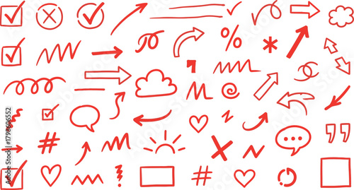Vector Illustration of Hand Drawn Doodle Arrows, Checkmarks, Hearts, and Symbols Set. Creative Sketch Design Elements.