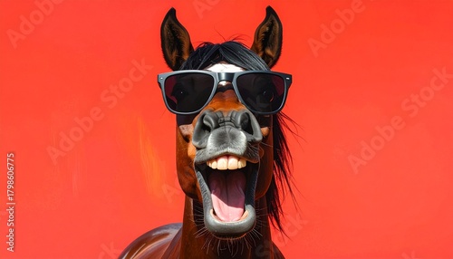 サングラスをして驚いた表情をしている馬　赤色の背景　AI生成素材