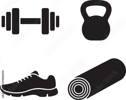 Black fitness icons featuring dumbbell, kettlebell, running shoe, and yoga mat, representing gym equipment, workout training tools, exercise gear, and healthy lifestyle essentials