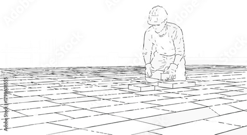 A construction worker meticulously lays bricks on a building's foundation, showcasing skilled craftsmanship and dedication to the project's progress.