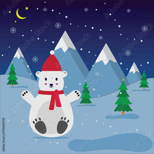 Cute polar bear in red scarf enjoying winter snow scene with mountains and trees at night
