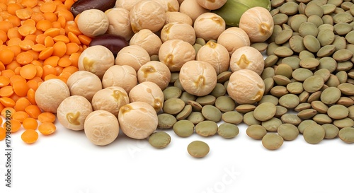 Assorted lentils and chickpeas with vibrant colors arranged on a white backdrop