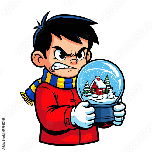 Angry cartoon boy in red coat holding a snow globe with a winter scene inside