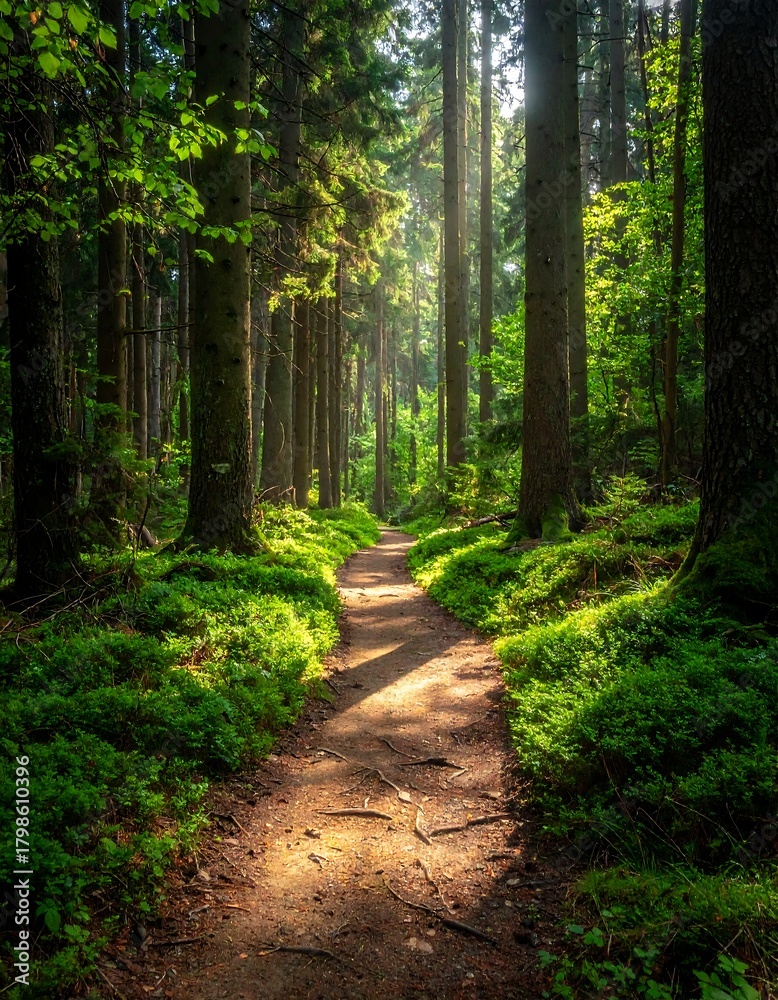 Fototapeta premium A sunlit trail winds through a vibrant forest. Lush moss covers the ground. Tall trees form a canopy, dappling the path with light