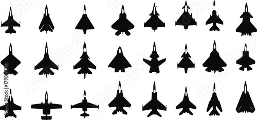 Collection of military fighter jet silhouettes, showcasing aircraft designs, aviation technology, combat planes, tactical air force vehicles, and modern aerospace illustration