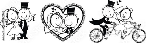 Cute wedding couple stick figure illustrations showing bride and groom in romantic scenes, love celebration drawings, marriage cartoon characters for invitations