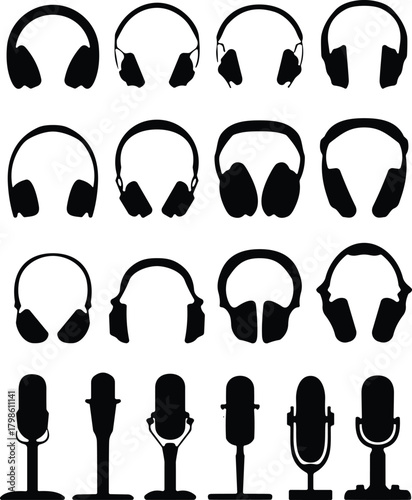 Collection of various headphone and microphone silhouettes showing audio equipment, sound recording tools, music technology icons, podcast accessories, and professional studio gear