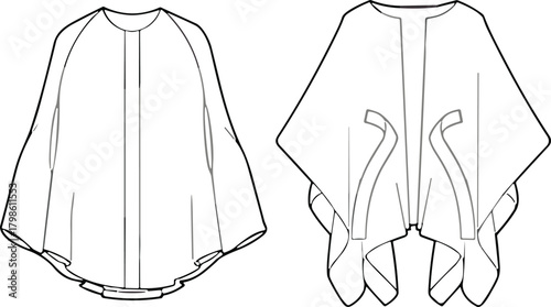 Fashion cape technical sketch showing detailed front and back views, poncho garment template, apparel flat drawing, vector design outline for designers