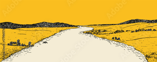 A yellow and white background with a road in the middle. The road is empty and the sky is yellow