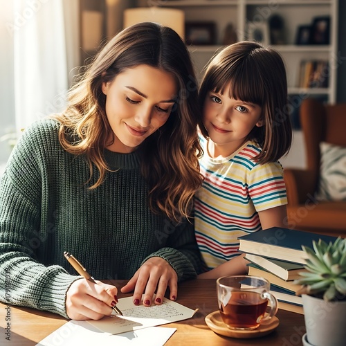 Mother and daughter writing a letter together at a table with a cup of tea and books.