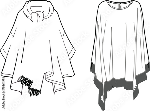 Fashion poncho illustration showing two stylish garment designs, detailed front views, clothing template, apparel sketch, vector outline for designers and creators
