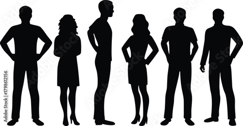 Group of standing people silhouettes showing diverse human poses, teamwork concept, community figures, modern crowd illustration, social interaction graphic elements