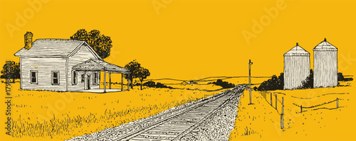 A yellow and white drawing of a rural scene with a house, a train track, and two silos