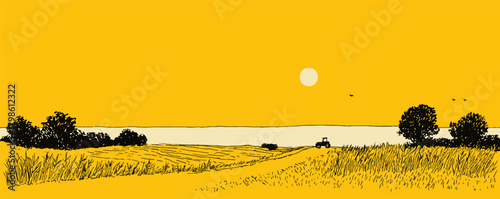 A yellow and orange background with a sun in the sky and a car in the foreground. The sun is setting and the sky is filled with clouds