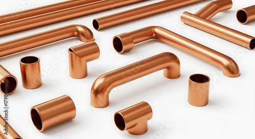 Assorted metallic copper pipes and fittings arranged on a white background