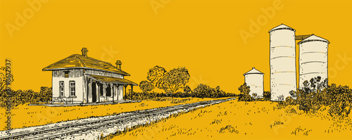A yellow and brown drawing of a rural area with a house, a road, and two large silos