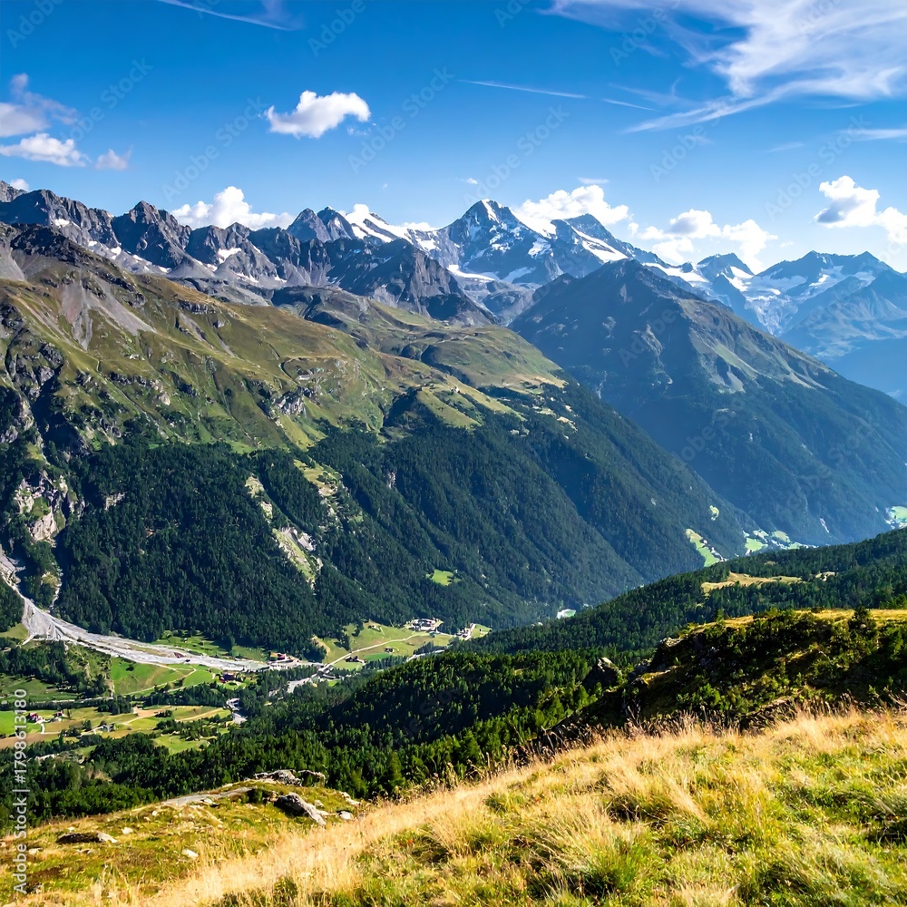 Fototapeta premium A vibrant, expansive mountain vista under a bright blue sky with fluffy clouds. Green slopes descend, leading to a valley, snowy peaks in the distance