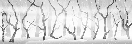 Winter forest, snowfall and blizzard, silhouette of dry trees, natural vector background, banner
