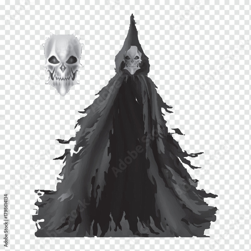 Grim Reaper figure in black hooded cloak with skull details