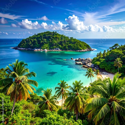 Fototapeta Naklejka Na Ścianę i Meble -  A vibrant tropical vista. Turquoise water laps at a white sandy beach embraced by lush green vegetation. An island rises in the distance