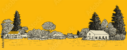 A yellow background with a drawing of a rural area with houses and trees. The houses are small and the trees are tall