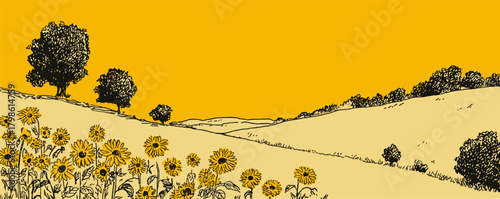 A yellow and black drawing of a field with a tree in the foreground and a bunch of yellow flowers in the background