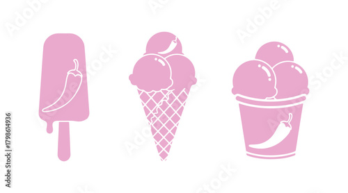 Chili ice cream silhouette. A set of outline icons featuring a spicy dessert. Simple black illustrations of a chili pepper alongside a popsicle, waffle cone, and a cup of scoops. Isolated vector 
