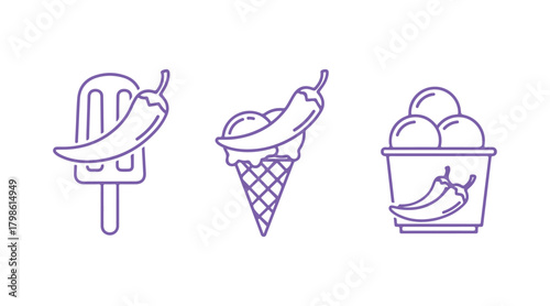 Chili ice cream silhouette. A series of outline icons depicting a spicy dessert. Black simple illustrations of a chili pepper, popsicle, waffle cone, and a cup of scoops. Isolated vector design 