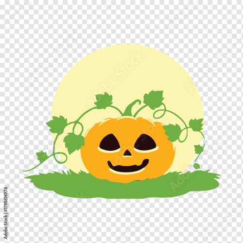 Happy Halloween pumpkin with vine and moonlight vector illustration design