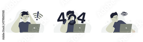 Set illustration of internet problems. System error, page not found concept. Website, browser failure, frustration, template problems. Flat vector illustration