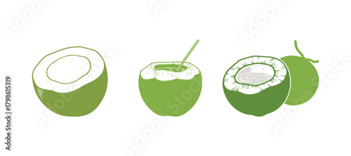 Fresh young coconut isolated on a white background, illustration of a half-sliced coconut for a healthy food menu featuring fruit juice, summer fruit concept with green coconut for simple clip art.
