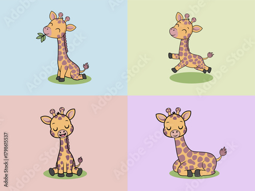 A collection of four cute cartoon baby giraffes in different poses, eating leaves, running, and sitting on a separate pastel colored quadrant background. Perfect for children's design or nursery art.