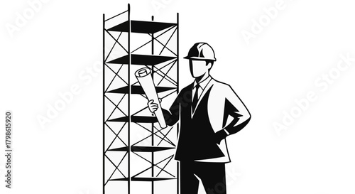 A construction worker in a suit and hard hat examines blueprints next to a scaffolding structure, a symbol of building and engineering.