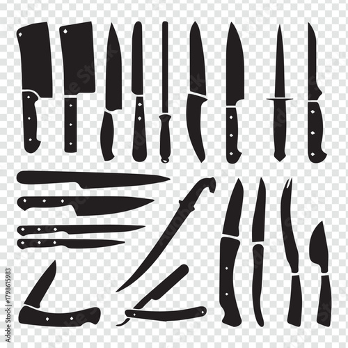 Silhouette illustration of various knives and sharp tools in black vector format