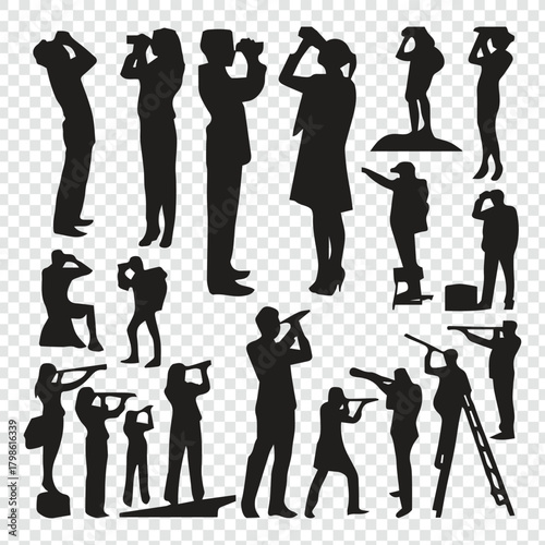 Silhouettes of people watching and observing with telescopes and binoculars